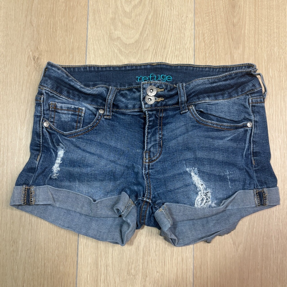Y2K Refuge Distressed Denim Jean Shorts Cuffed Double Button 6 Micro Bimbocore